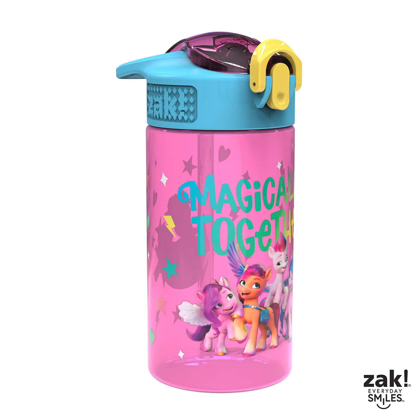 Zak Designs Kids Durable Plastic Spout Cover and Built-in Carrying Loop, Leak-Proof Water Design for Travel, (16oz, 2pc Set), My Little Pony 2pk
