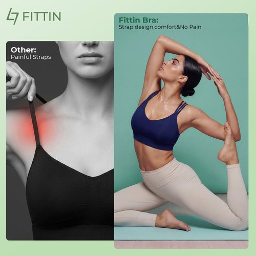 FITTIN Padded Sports Bra for Women: Strappy Seamless Zero-Friction Yoga Bra for Pilates Lounge - 3-Straps 30% Less Pressure Ultra Comfortable Support for Large Bust Casual Woman