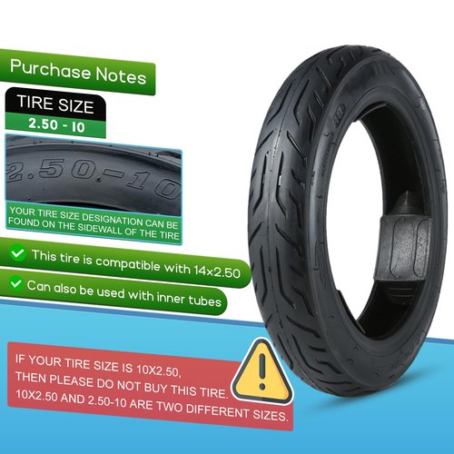 2.50-10 Dirt Bike Tire Street Tire Compatible with 14x2.50 14x2.5 60/100-10 ebike Tyre 33J 4 P.R. Max Load 253 Lbs Scooter Street Neumático with Tubeless Valves and Tools