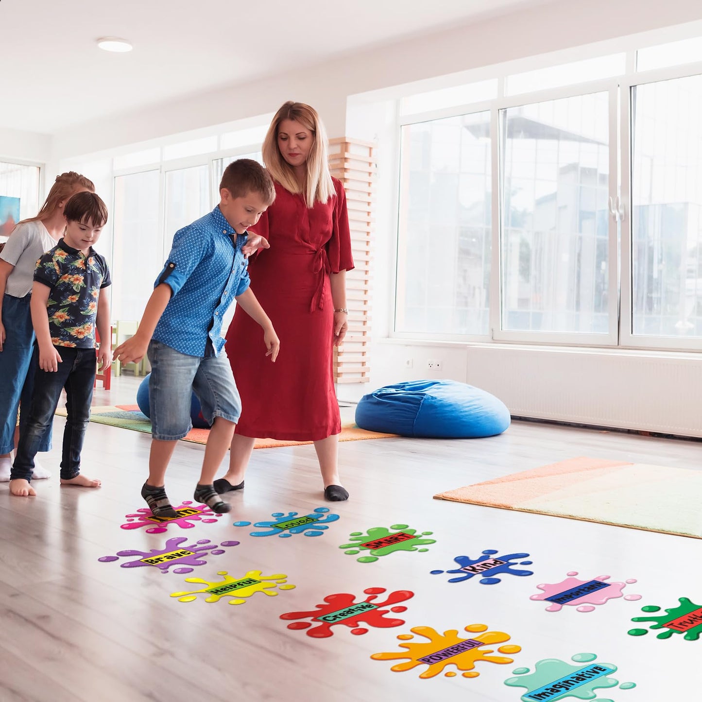 11 Sheets Inspirational Quotes Floor Decals,Ink Splatter Splotches Wallpaper Motivational Hopscotch Game Stickers Positive Saying Wall Decals for Classroom School Kindergarten Bedroom Nursery Floor