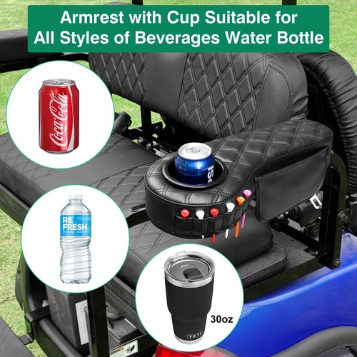 LEAPGOMAX Golf Cart Diamond Armrest with Cup Holder for Rear Seat, Upgraded Stable Triangle Support Frame No Drilling for EZGO Club Car DS Precedent Yamaha Golf Carts Arm Rest with 1" Side Square Tube