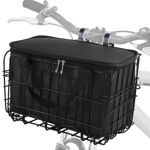 Aodaer Bike Basket with Removable Liner Bag Cargo Net Large Folding Bike Basket Quick Release Metal Ebike Basket Bicycle Storage Basket for Carrying Fruit & Grocery Pets Dogs (Front Basket with Bag)