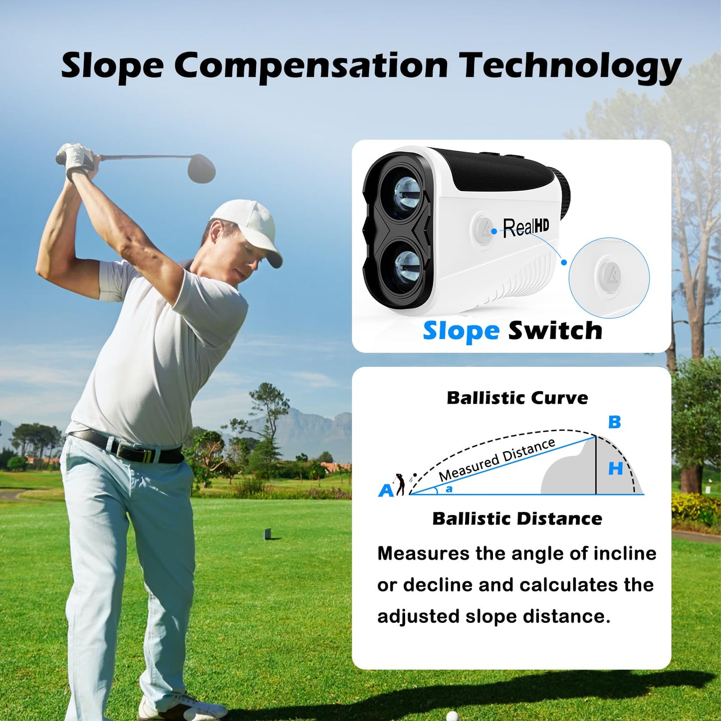 Real HD Golf Rangefinder with Slope, 1,200 Yards Range Finder Golf, 7X Magnification with Magnet, Flag Lock Vibration, Rechargeable Laser Rangefinder for Hunting