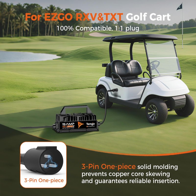 15 AMP 48 Volt Golf Cart Battery Charger for Club Car, 3-Pin Round Plug Fast Charge for Lead Acid Battery, IP67 Waterproof 48V 15A Golf Cart Charger with Fan (Lead Acid for Club Car)