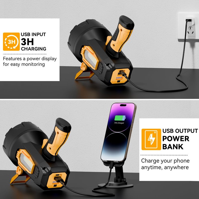 polisak Rechargeable Spotlight Flashlight, 99,000 Lumens Super Bright LED Spotlight with COB Light & Foldable Tripod, 10000ɱAh 30H Long Lasting Large Handheld Spot Light for Huŋting Boating Camping