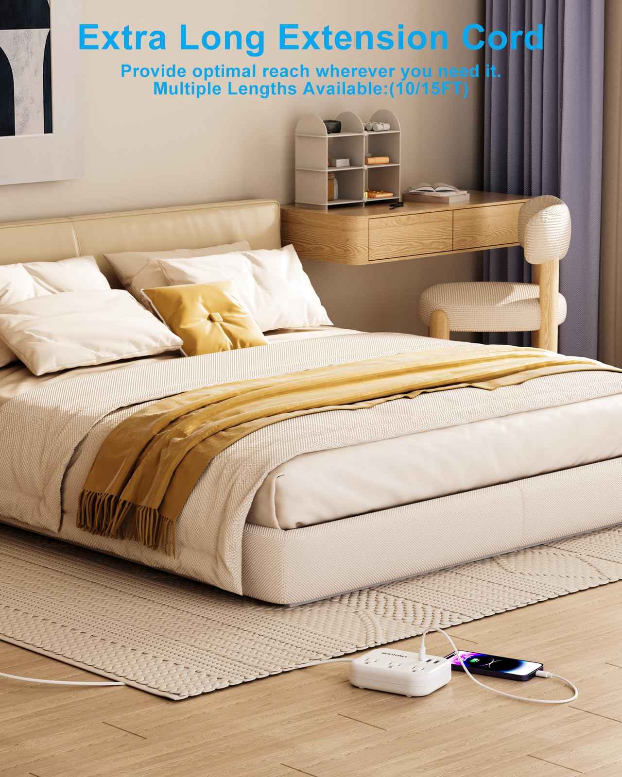 Flat Extension Cord 15 FT Behind Furniture-Ultra Slim Cord Under Carpet, Rug, Door, Long Power Bar with 3 USB 3 Outlets, Low Profile Power Strip for Travel Office Indoor, 1080 Joules Protected