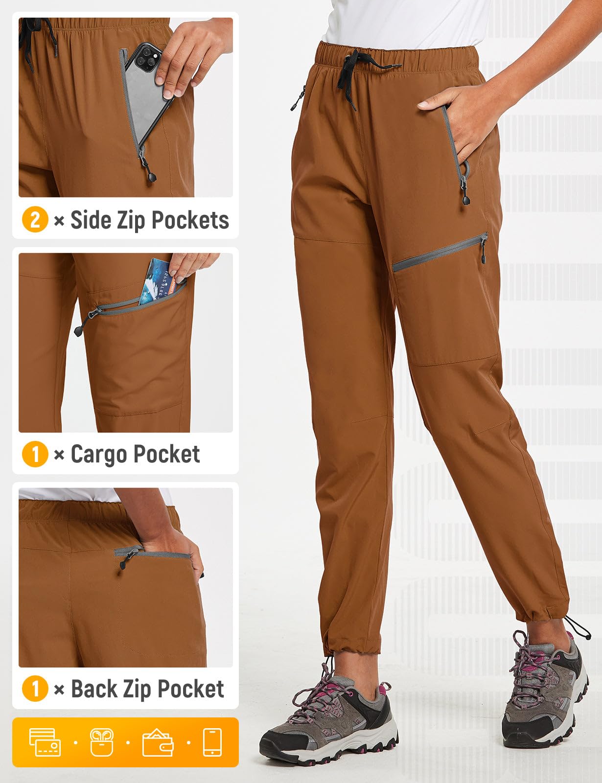 baleaf Travel Pants Women Hiking Long Tall Lightweight Quick Dry Water Resistant Cargo Pants 31'' Trip 31''-Caramel M