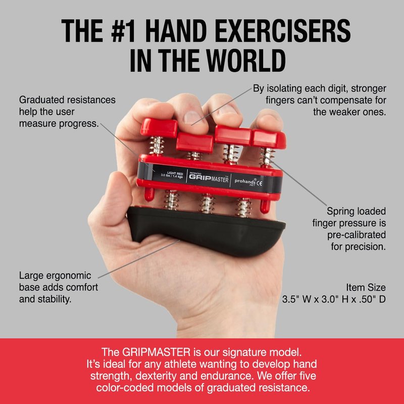 Prohands Gripmaster Rehab Hand Exerciser, Finger Exerciser (Hand Grip Strengthener), Spring-Loaded, Finger-Piston System, Added Palm Cushion, (3 lb Light Tension, Red-Gripmaster Rehab)
