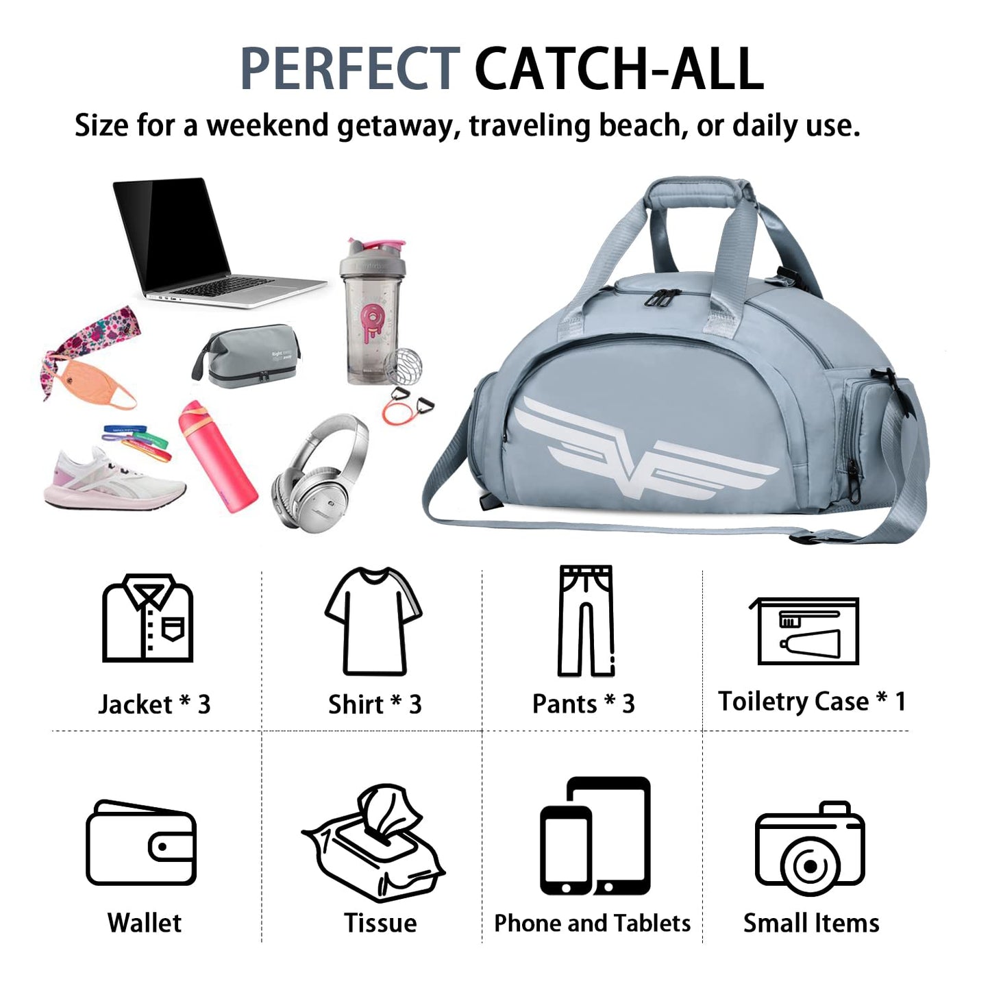 FIORETTO 35L Mens Sports Gym Duffle Bag with Wet Pocket & Shoe Compartment, Overnight Weekender Bag with Padded Shoulder Strap, Ideal for Travel, Gym, Sports, Swimming, Green
