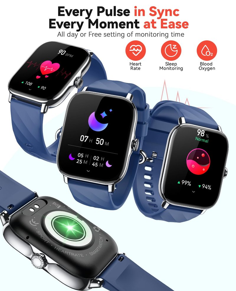 Kriutefy Smart Watches Fitness Tracker for Women Men with Step Counter, Sleep Calorie Monitor, Pedometer, IP68 Waterproof, Smartwatch with 120+ Sports for iPhone Android (Blue)