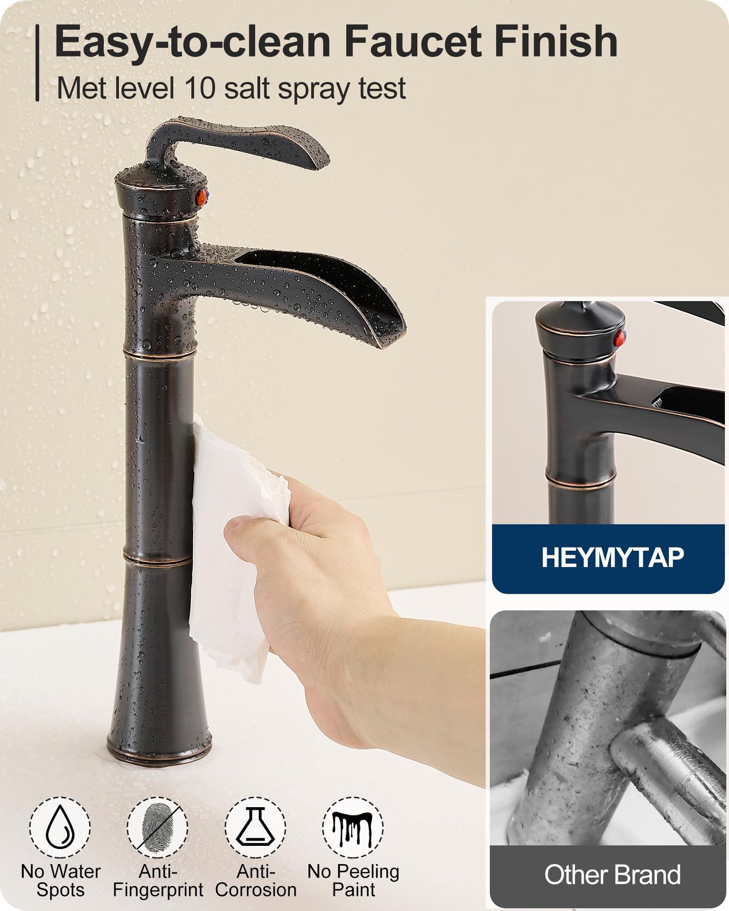HEYMYTAP Tall Vessel Sink Faucet, Oil Rubbed Bronze Bathroom Faucet Waterfall Bathroom Faucets One Hole, Brass Bathroom Sink Faucet Single Handle with Pop-Up Drain & Water Hoses, 5 Mins Install