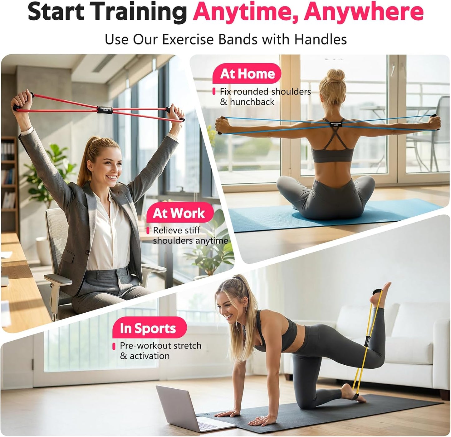 RENRANRING Figure 8 Resistance Bands - Set of 3 Fitness Tubes with Handles for Arm & Shoulder Stretch