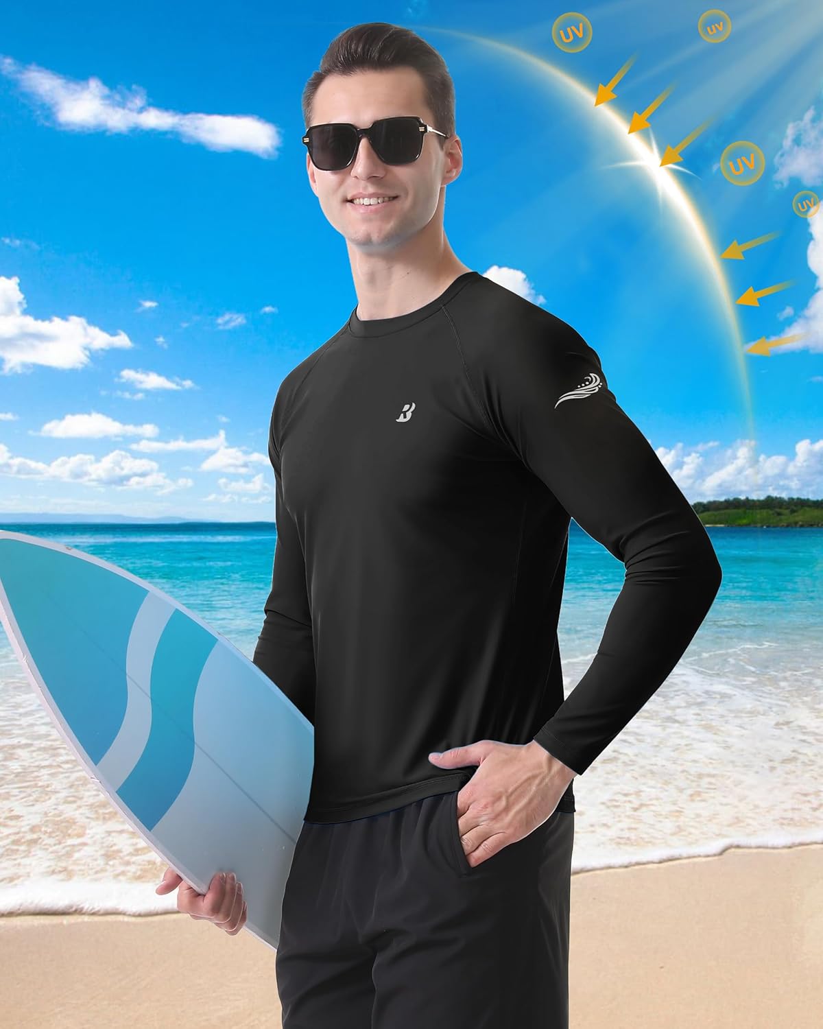 Roadbox Men's UPF 50+ Swim Shirt - Long Sleeve Sun Protection Rash Guard for Fishing & Hiking