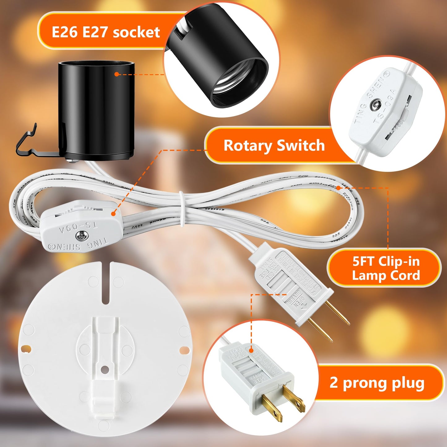Meonum 18 Set Blow Mold Light Kit Replacement, E27 E26 Single Light Cord Kit with Switch Fuse Plug, for Indoor Outdoor Halloween Christmas Village House Craft Decorations and Salt Lamp