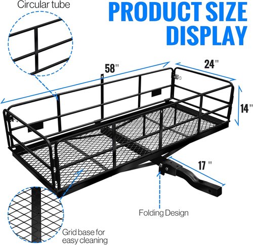LWTURMRT Cargo Carrier Basket - 58" x 24" Folding Hitch Mount for SUVs | 500LBS Capacity, Black with Bag