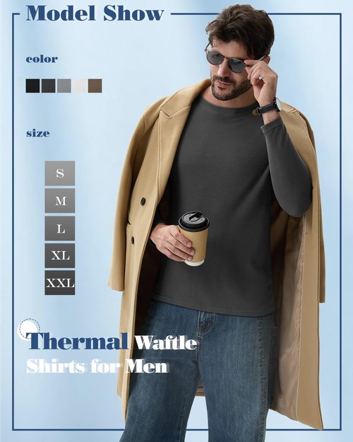 August Alley 5 Pack Thermal Waffle Shirts for Men, Crew Neck Long Sleeve Casual Pullover Underwear Textured Knit Tops(Black, Dark Gray, Gray, White, Coffee,Large)