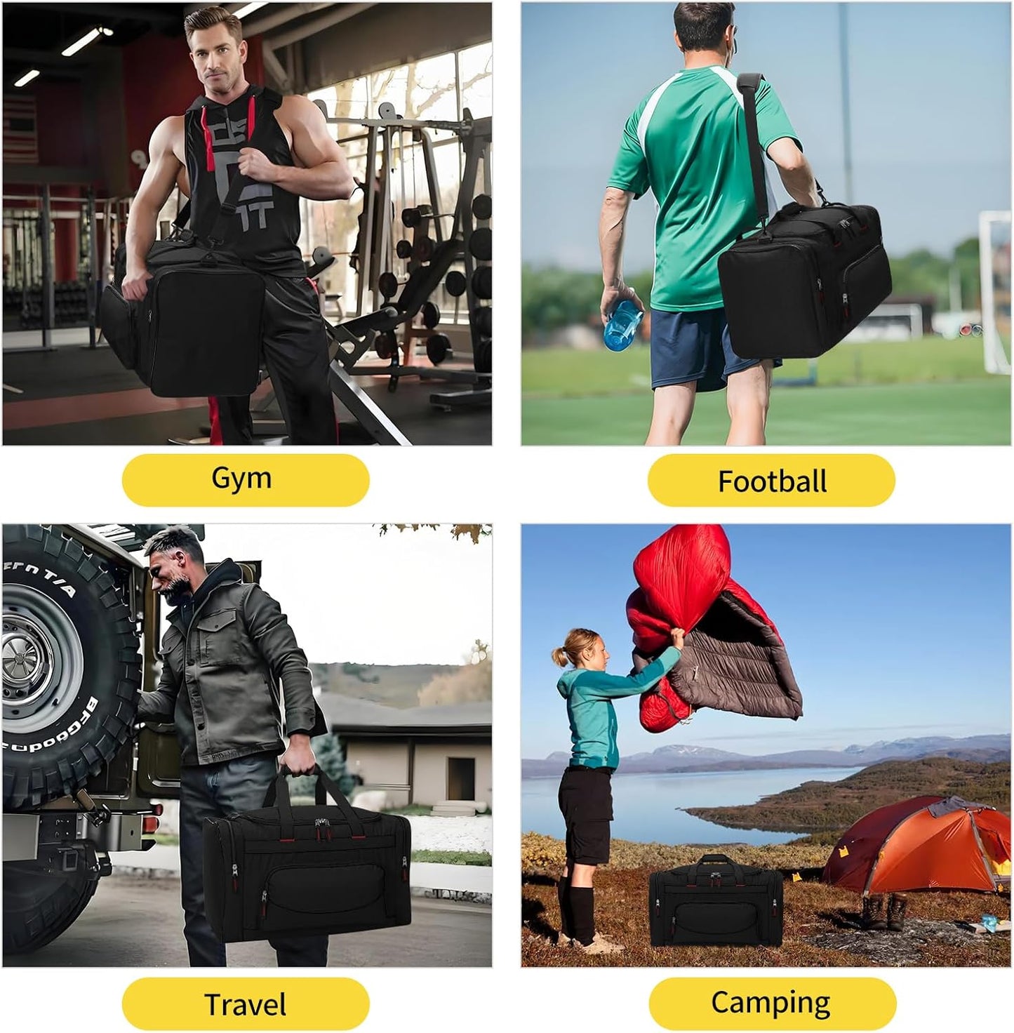 Skiennix 22-Inch Gym Bag for Men - 55L Large Travel Duffle with Multiple Zippered Pockets | Black
