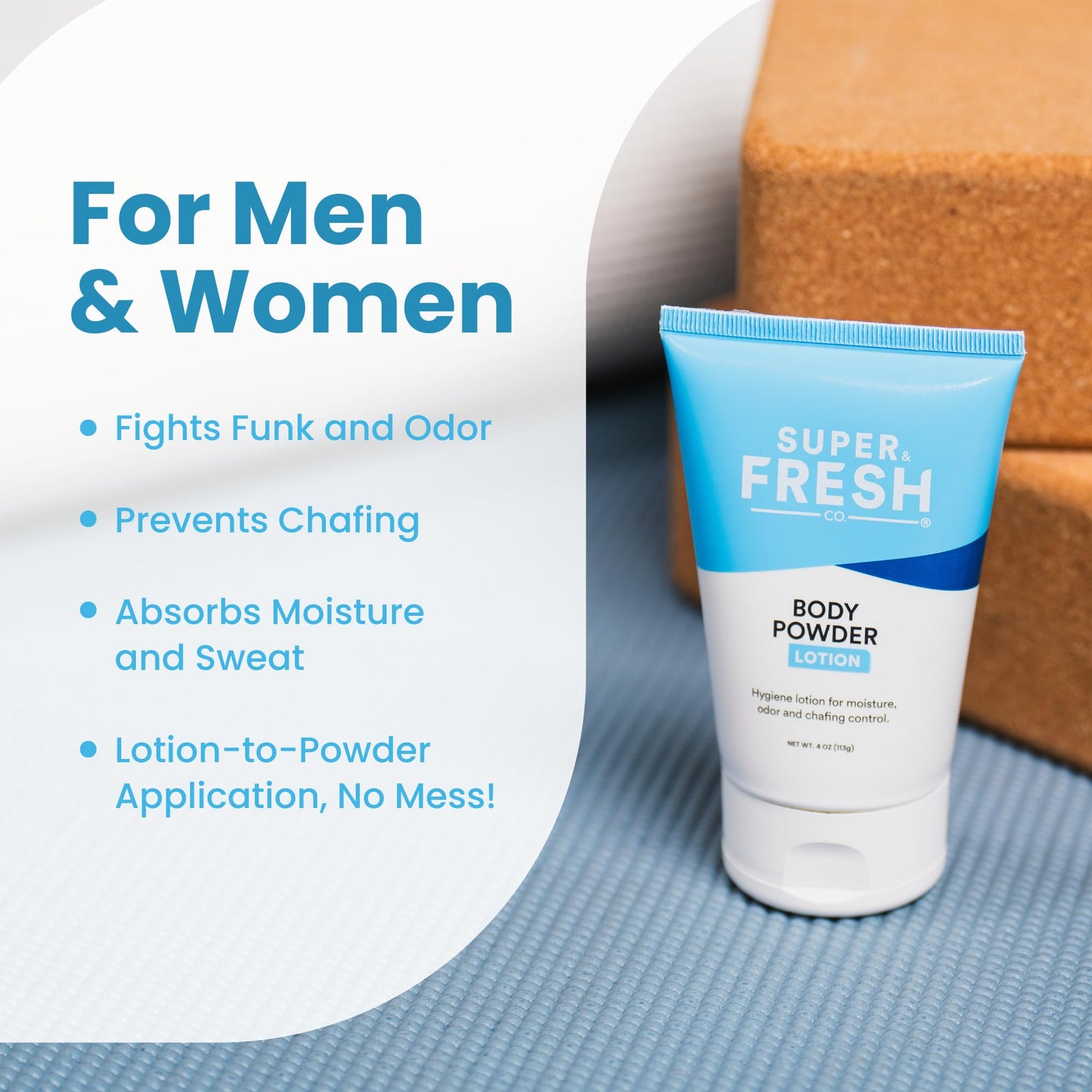 Super Fresh Body Powder Lotion by SweatBlock - Talc Free, Anti-Chafing, Deodorizing, Natural Ingredients - No Mess Body Powder Lotion for Men and Women - 4 fl oz.
