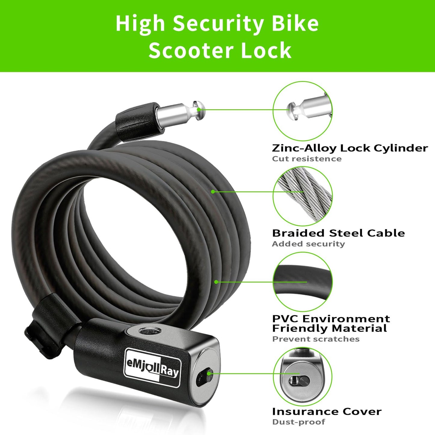 eMjollRay Electric Scooter Lock 4FT 12mm Heavy Duty Anti Theft Coiled Cable Lock with Mounting Bracket, Keyed Security for E-Scooter, Bike, Ebike, Motorcycle