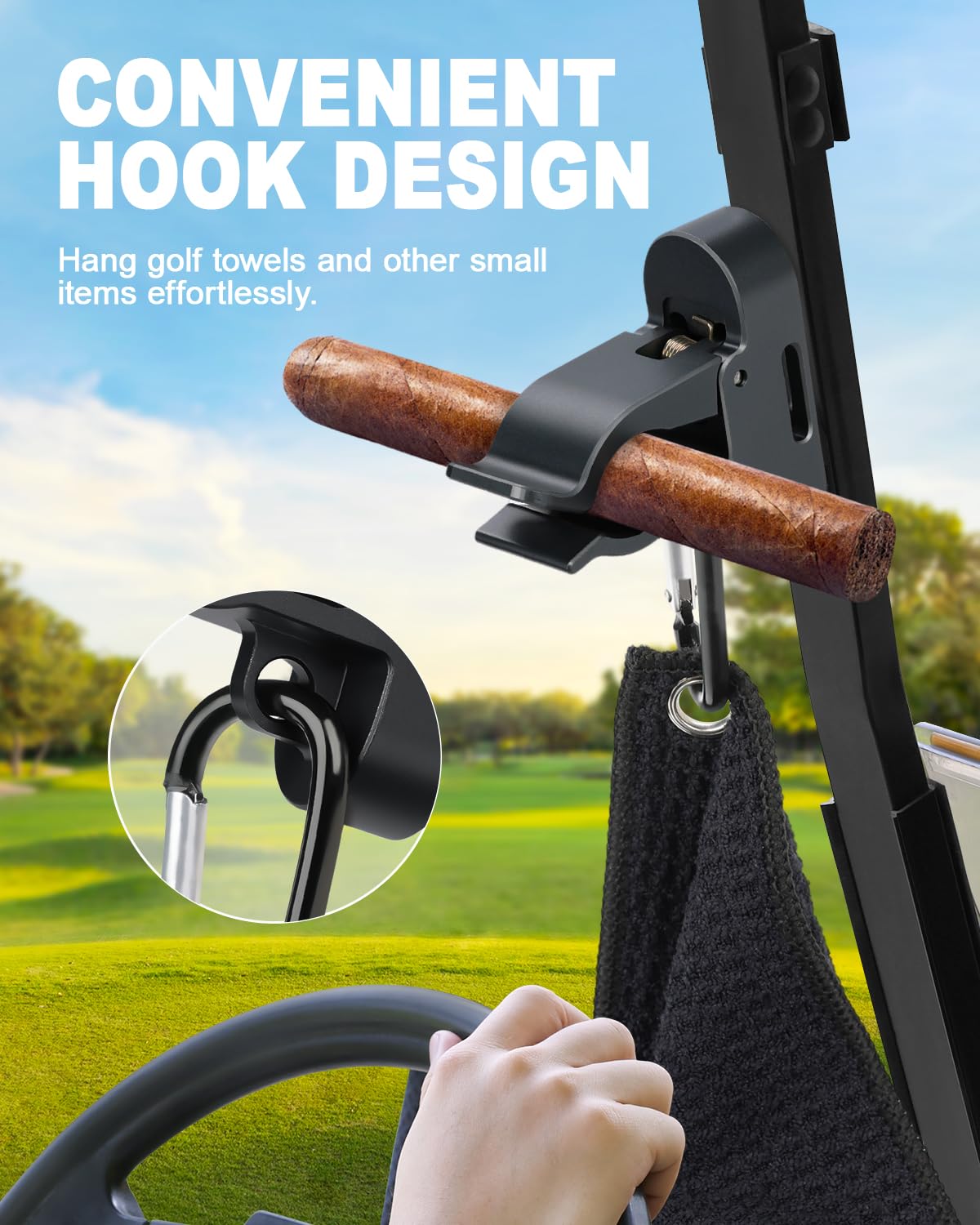 SKYJDM Magnetic Golf Cart Holder Clip with Loop Hook, Aluminum Alloy Golf Holder for Secure 30-70 Rings Storage & Golf Towels Hanging, Non-Slip Elastic Band & Storage Bag Included (Black)