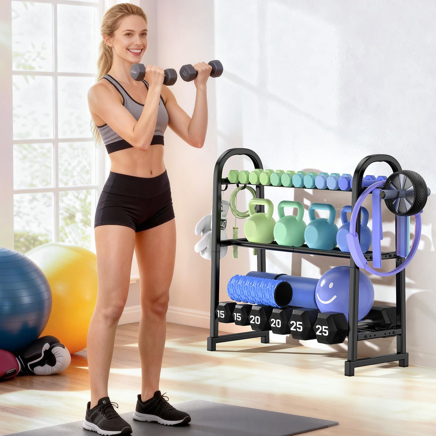 YaDonpe 3 Tier Dumbble Rack - 360LB Capacity Adjustable Dumbbell Storage Rack Space-Saving Home Gym Weight Rack For Dumbbells And Kettlebells With Hooks (Dumbbell Rack Stand Only)（Matte Black （29.96''Length））
