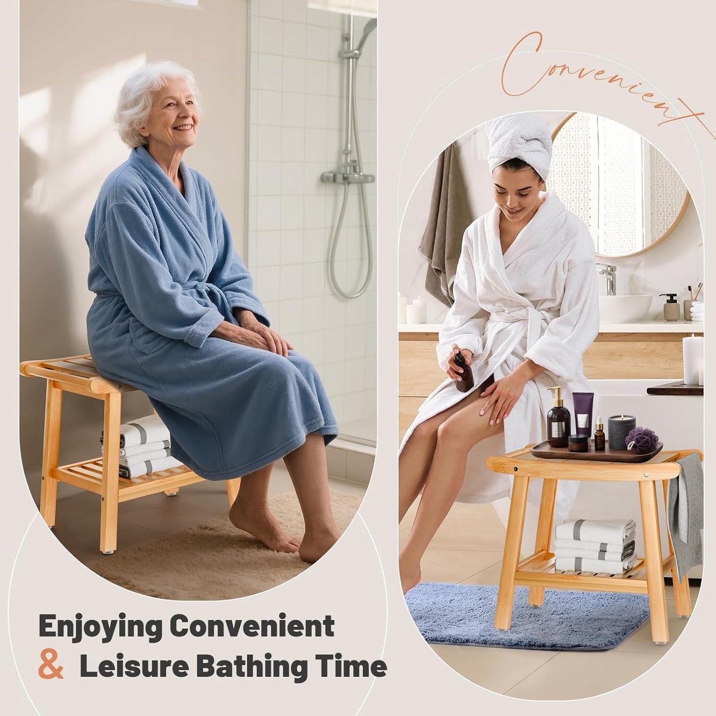 Bamboo Shower Bench with Storage Shelf - Waterproof Spa Stool for Seniors & Disabled