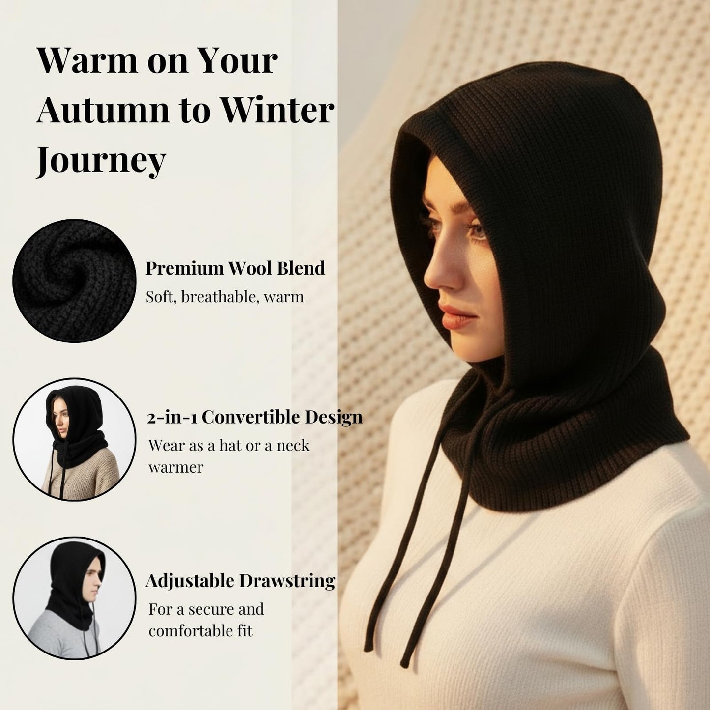 Dresyu Hooded Scarf Hat Snoods for Women Winter Balaclava Neck Warmer Hood Hat with Drawstring,Knit Skull Cap Beanie Men Neck Gaiters Soft Chunky Windproof Pullover Snood for Outdoor