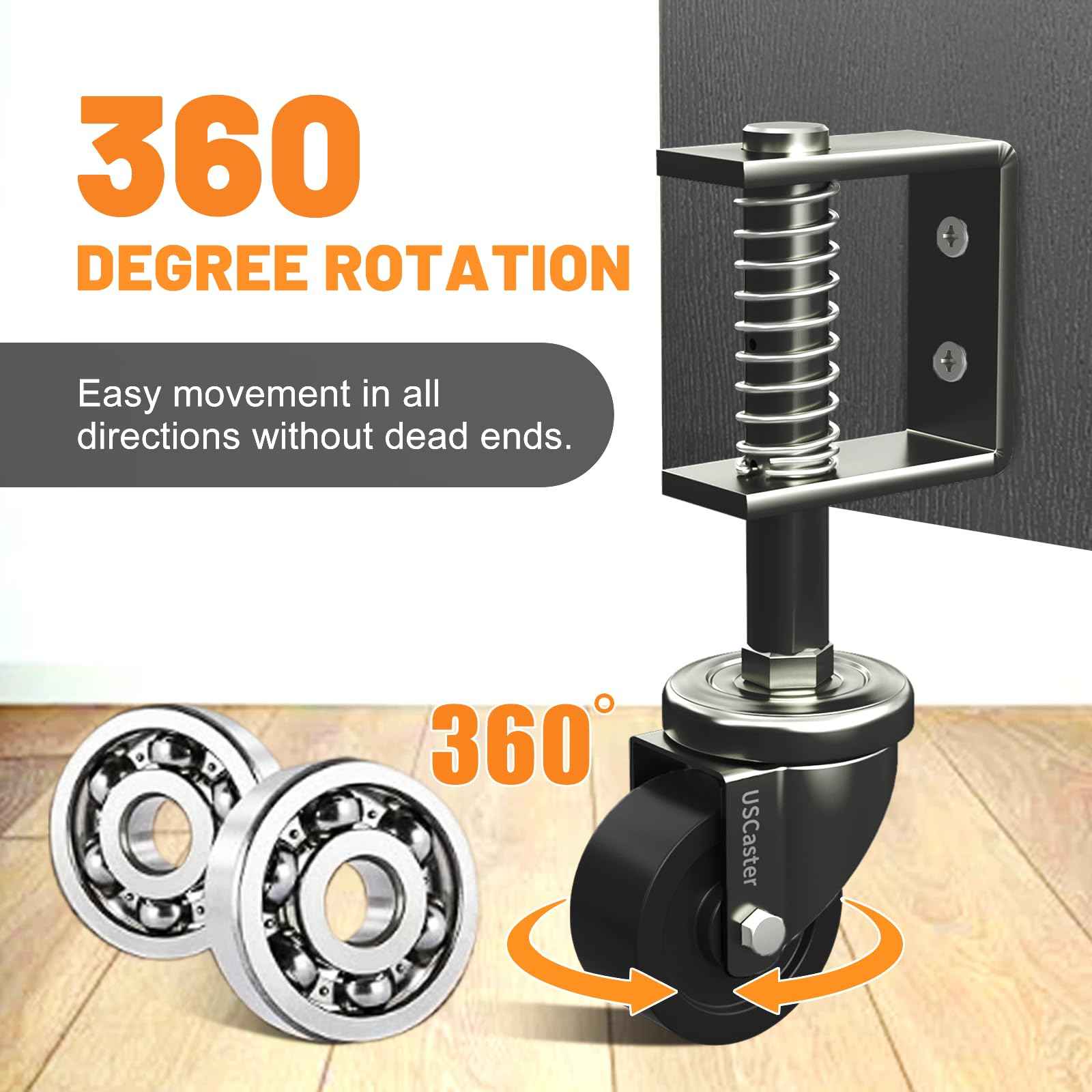 USCaster 1 Pack Gate Caster 2inch Wheel for Wooden Gates - 80lbs Capacity, 360 Rotation, Solid Rubber Tire, Spring-Loaded, Black