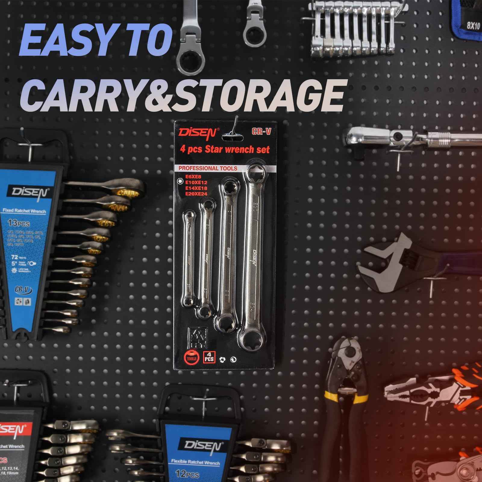 DISEN 2025 Upgraded 4-Piece E-Torx Wrench Set, Double Box End Wrench Set, CR-V Steel, Including E6*E8, E10*E12, E14*E18 and E20*E24