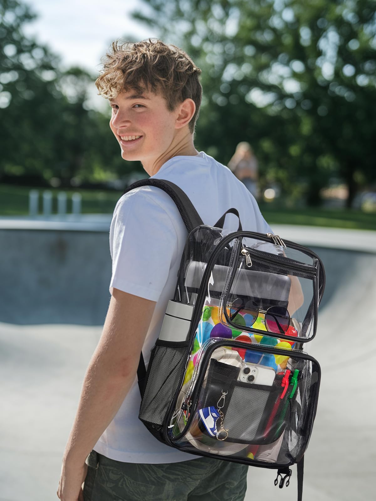 QOECI Heavy Duty Clear Backpack For Kids Women Men Boys Girls, 17 Inch Large See Through Backpack, 360° 3M Reflective Strips Clear Bookbag, Transparent Bag For School College Sport Work Travel, Black