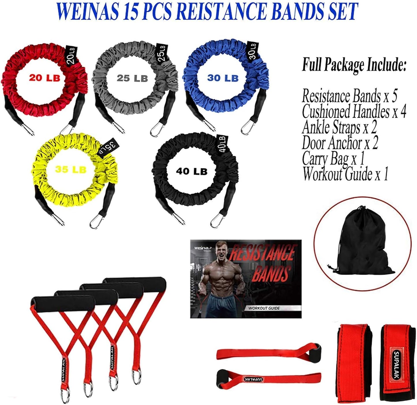 Supalak Resistance Bands Set - 15 Pieces of Durable Elastic Bands (20lbs to 40lbs) with Anti-Snap Sleeves