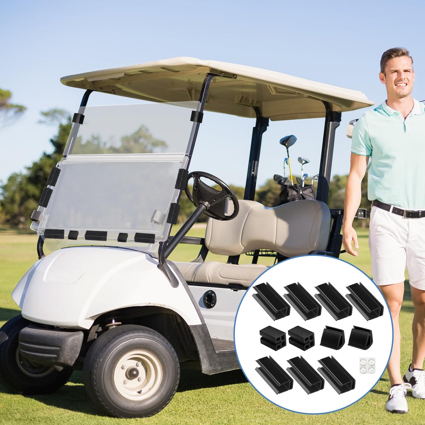 Maasechs 12 Pack Golf Cart Windshield Retaining Clips Kit Include 1 Pcs 48 Inch Clear PVC Living Hinge 11 Pcs Golf Cart Window Windshield Retaining Clips Kit for 1/4" Plexiglass Material