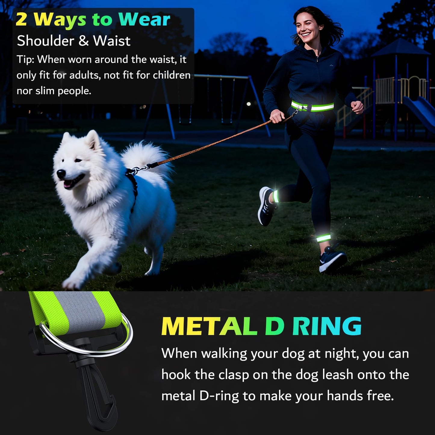 Samlior Reflective Walking Gear at Night, High Visibility Safety Reflective Sash Belt and 2-Pack Armband Set, Night Running Safety Gear for Women Men Kids (Green)