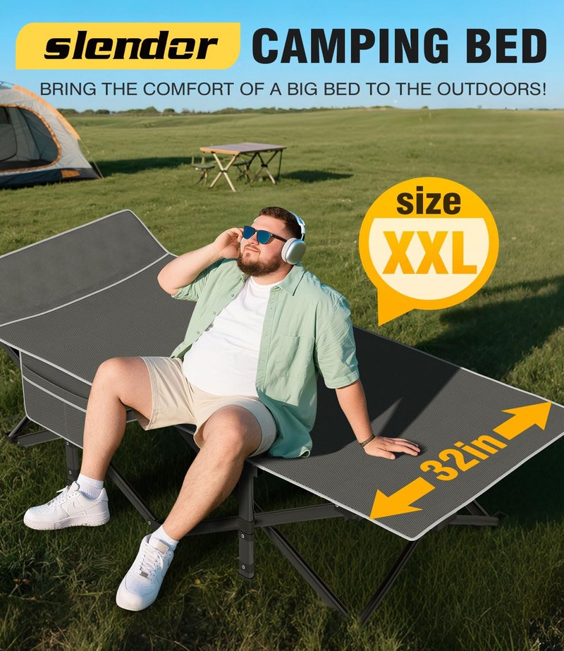 Slendor XXL Camping Cot, Extra Wide Sleeping Cot for Adults, 79" L x 32" W x 19" H Camping Bed with Mattress, Pillow, Carry Bag, Outdoor Bed for Travel, Guest, Gray Cot