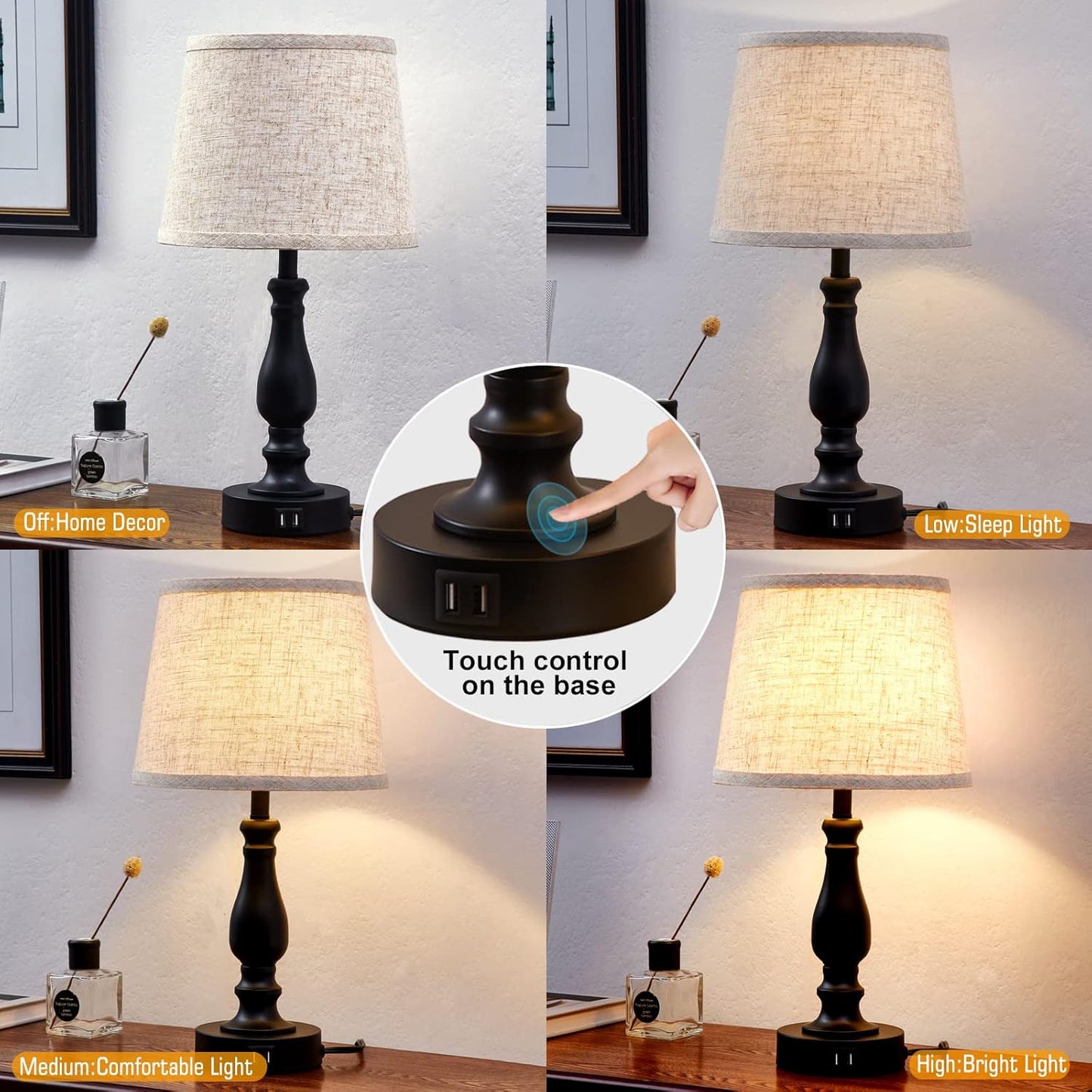 Touch Bedside Table Lamps Set of 2 with USB C+A Ports - 3-Way Dimmable Linen Shade