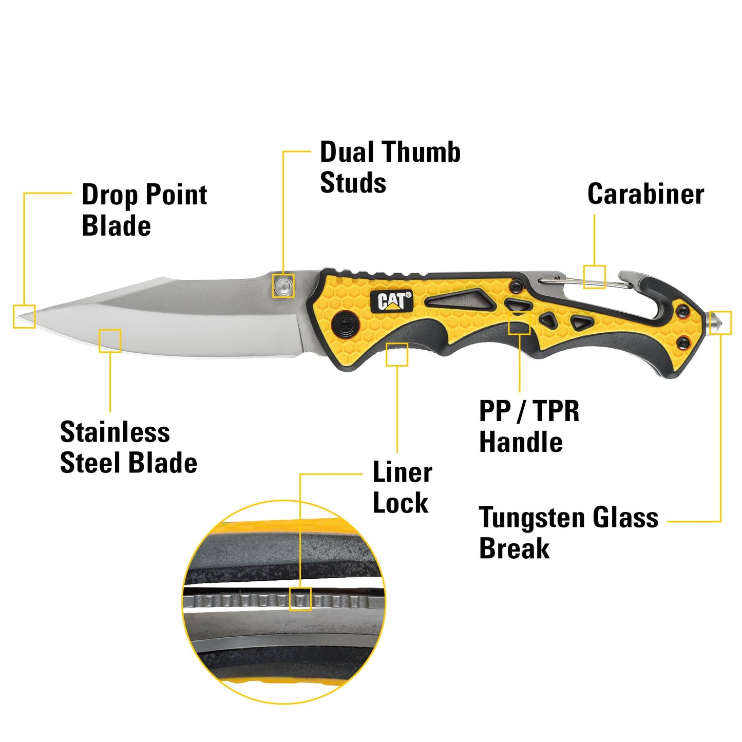 Cat 7-3/4 Inch Drop Point Folding Pocket Knife with Glass Break and Carabiner, Camping, Outdoors, Handy Pocket Clip, and Dual Thumb Studs, Every Day Carry - 980524
