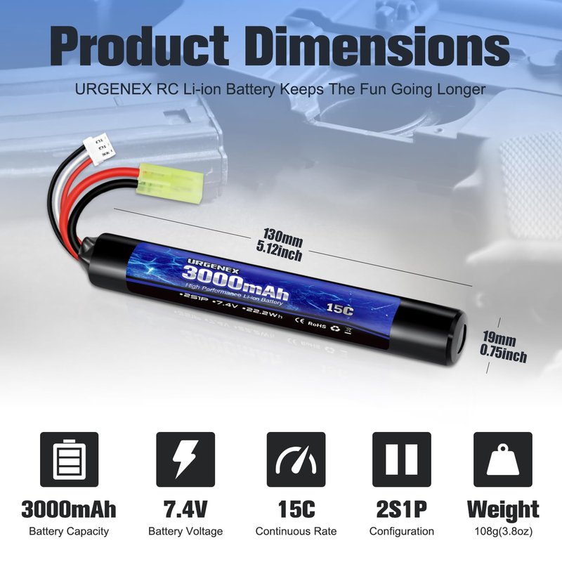 URGENEX 3000mAh Airsoft Battery 7.4V Stick Battery with Dean-Style T Plug 2S Rechargeable Stick Shape RC Lithium-ion Fit for Most Airsoft Model Guns Rifles