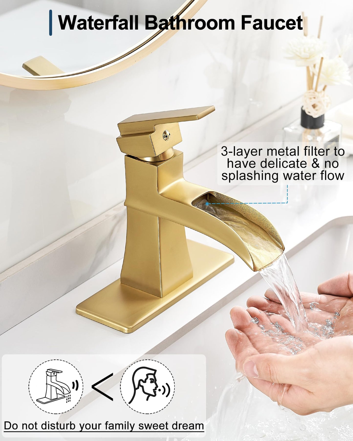 HOIGY Brass Waterfall Faucet, Brushed Gold Bathroom Faucet, Single Handle for One Hole or 3 Holes 4 Inch with Pop-Up Drain, Pre-Installed Supply Hoses and Deck Plate for Vanity RV Farmhouse Modern