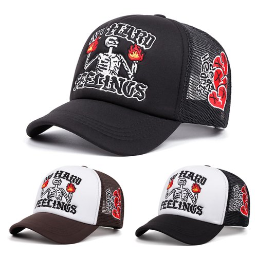 Embroidery Trucker Hat Cute “No Hard Feelings Dad Hat Mesh Skeleton Baseball Caps for Men Women Youth Black