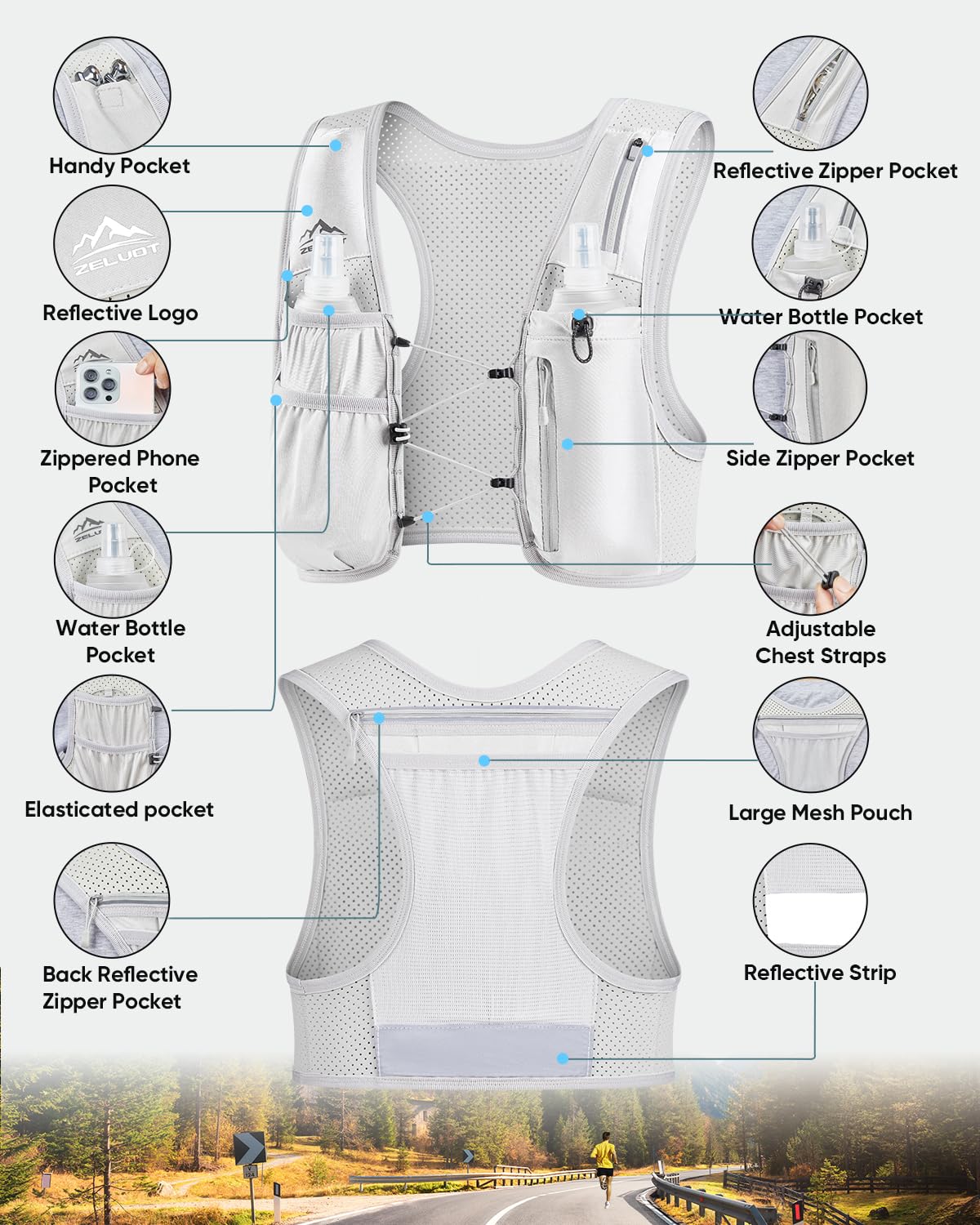 Zelvot Running Vest for Women Men, USA Original Patent, Adjustable Chest Straps Running Hydration Vest with 500ml Soft Flask, Lightweight Reflective Hydration Backpack for Hiking Marathon (Gray, M/L)