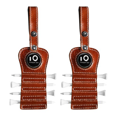 FINGER TEN Golf Tee Holder with Ball Marker and 4 Pcs Wood Tees Value Pack, Luxury Leather Gift Hook to Golf Bag Belt Clip (2 in Brown)