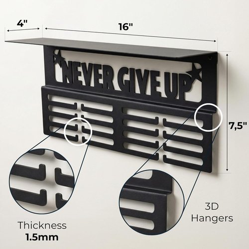 AGATHOS HOME Medal Hanger Display - Metal Trophy Shelf Holds 64+ Sports Medals | "Never Give Up" 16" Design