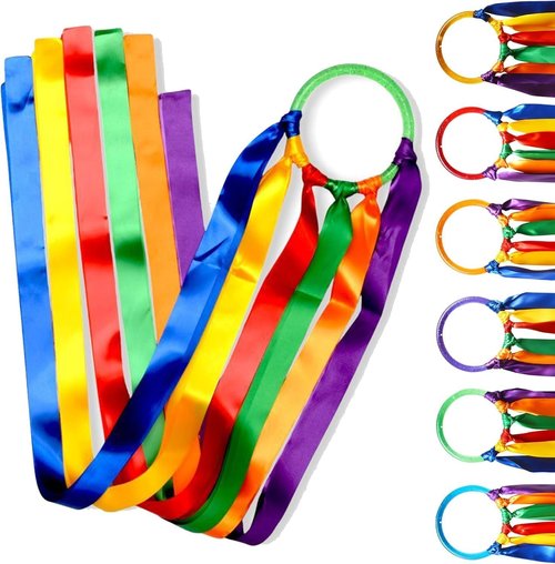 GSi Multicolor Ribbon Wands - Pack of 6 Dance Streamers with 9" Sticks & 1m Ribbons for Kids' Parties