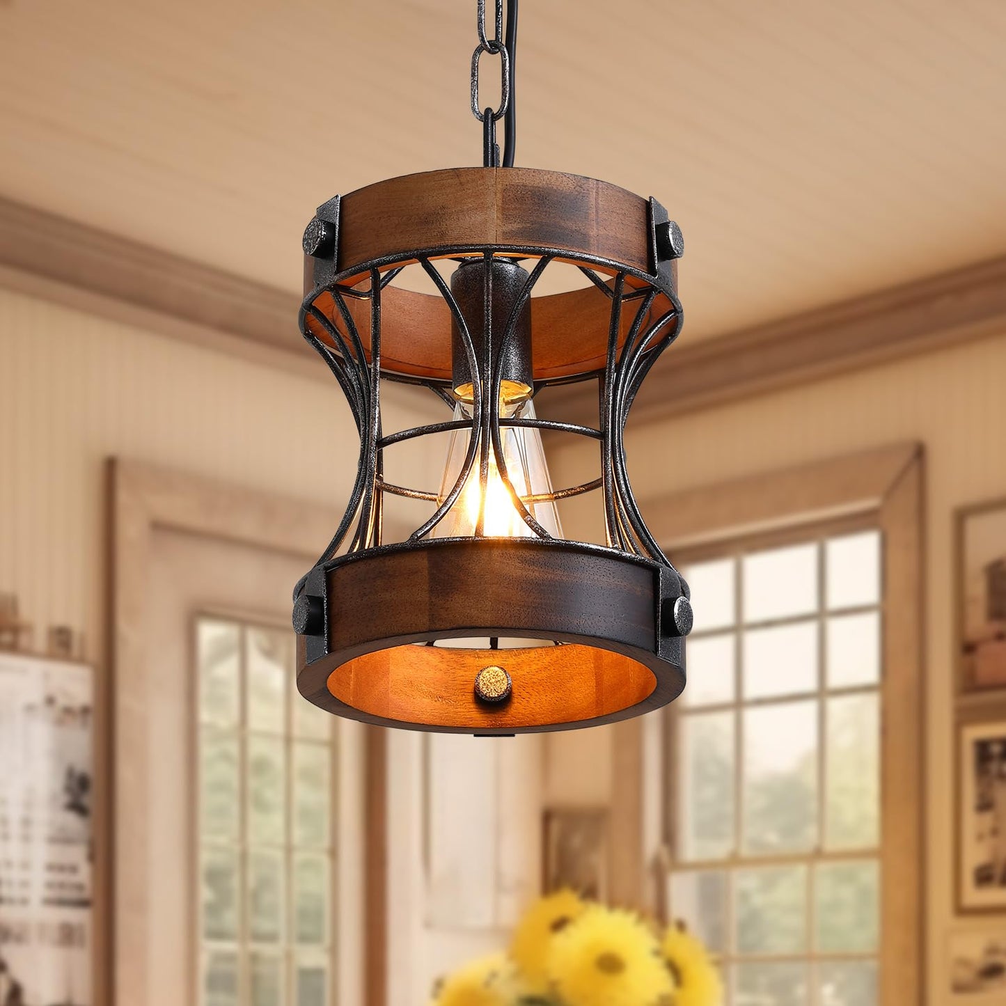 Rustic Chandelier, Modern Farmhouse Chandeliers for Dining Room, Wood Pendant Lights for Kitchen Island Foyer Hallway Bar, 1-Light Retro Rustic Light Fixtures for All Ceilings D 7.5" x H 8.8"