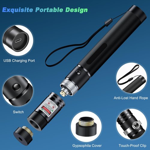 [Professional]USB-C Rechargeable High Power Green Pointer, Long Range with Star Cap&5 Adjustable Modes, Tactical Flashlight for Construction, Astronomy, Outdoor Hunting,Hiking&Camping, Presentations
