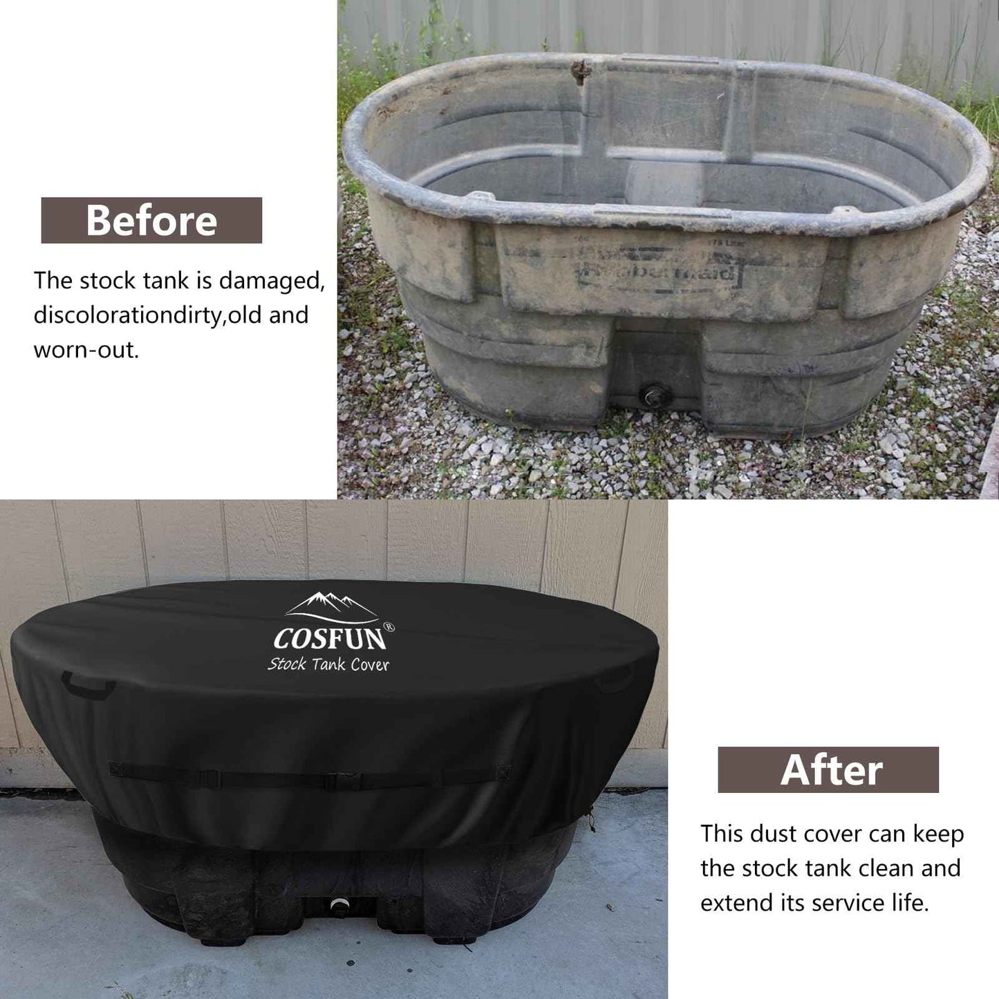COSFUN 100 Gallon Oval Stock Tank Cover,Waterproof Dust Proof Anti-UV Ice Bath Cover,Keep Water Trough Clean,Black