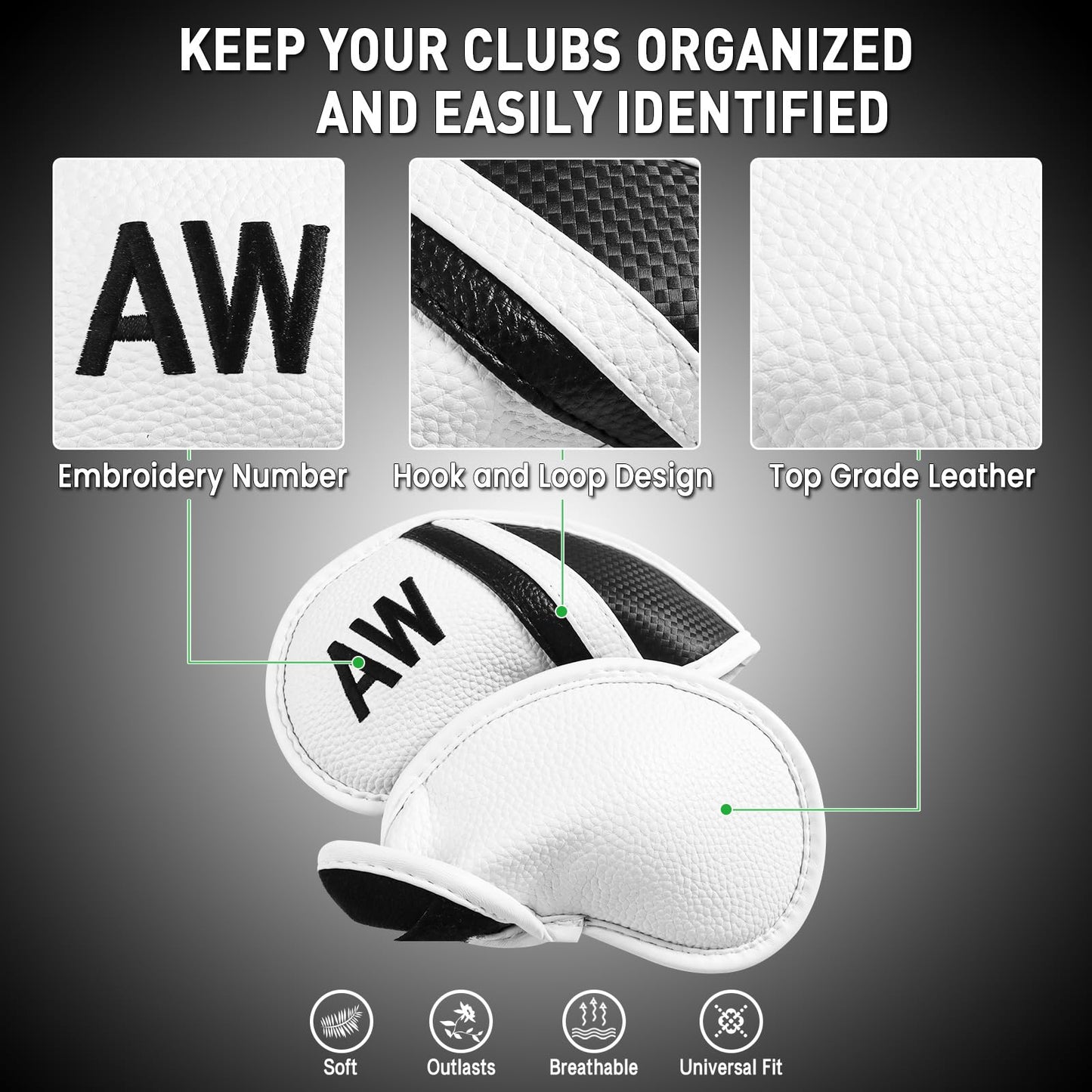 Amy Sport Golf Iron Head Covers Value 12 Pcs Set Thick Synthetic Leather, Protection Weatherproof Club Headcover Fit Universal Main Iron Wedge Golf Clubs for Men Women (White)