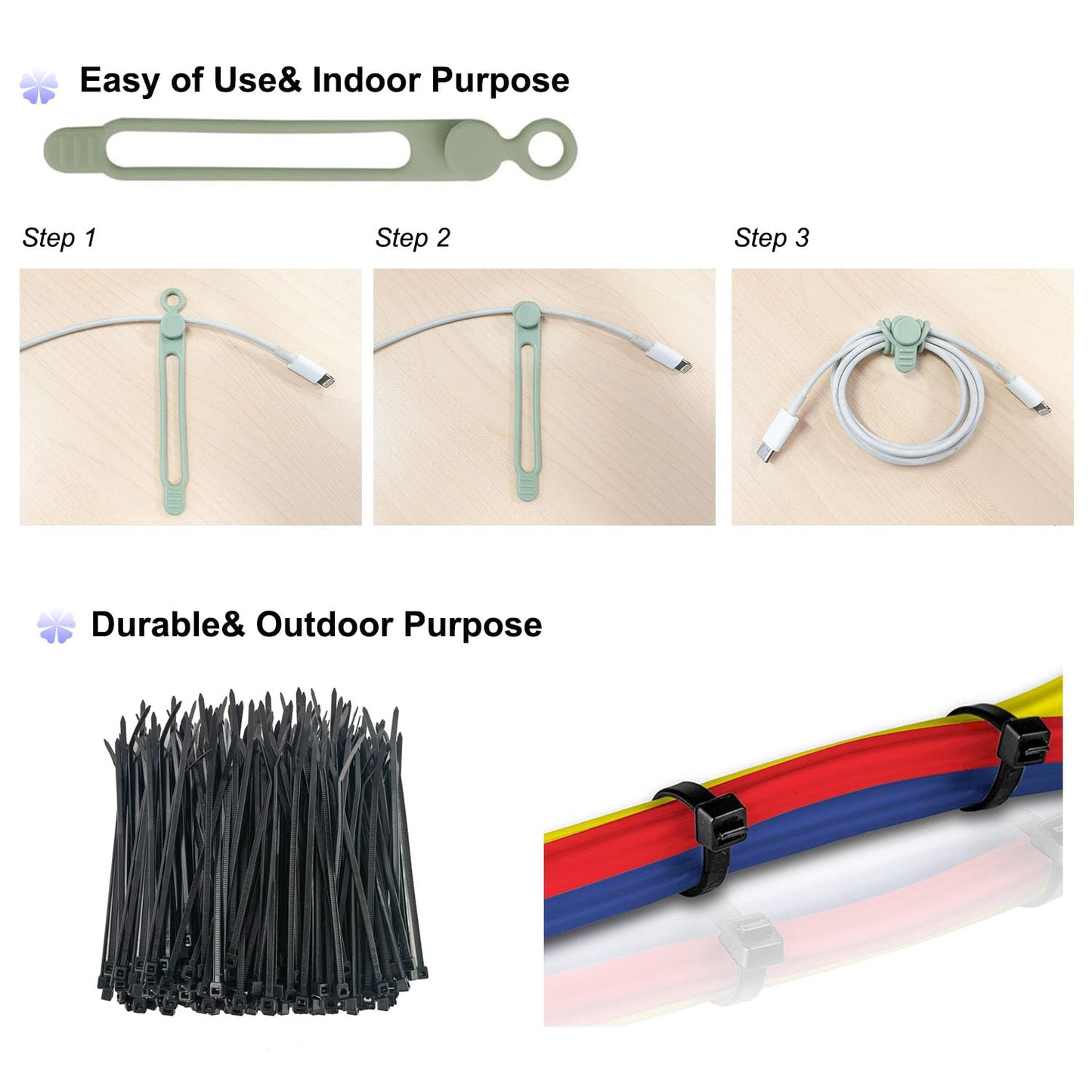 120 Pcs Cable Organizer Set, 20pcs Silicone Cable Ties Reusable & Nylon Cable Ties 100pcs, Multipurpose Elastic Cord Management Organizer for Charger, USB, Phone, Data Cables - Black White Green Grey