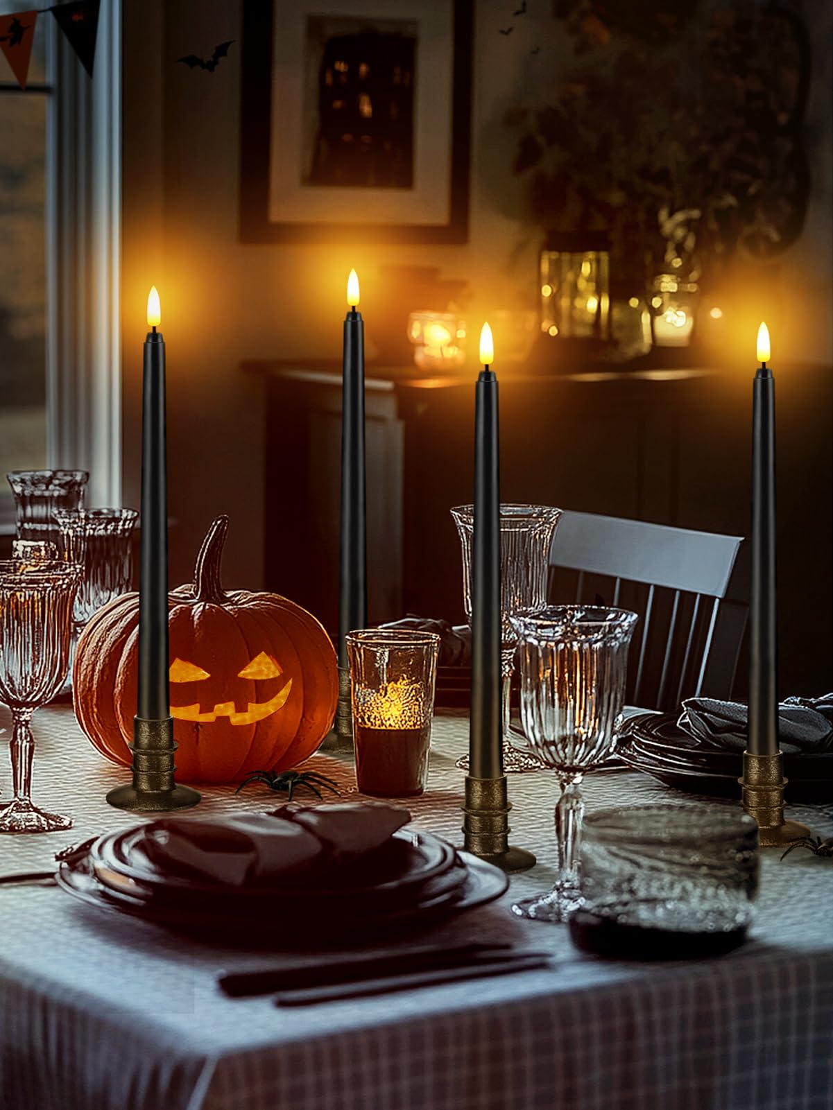 Black Halloween Flameless Candles with Timer & Bases - 6 Pack 13" LED Flickering Taper Candlesticks Battery Operated, Smokeless Dripless for Fireplace Table School Bar Halloween Decor