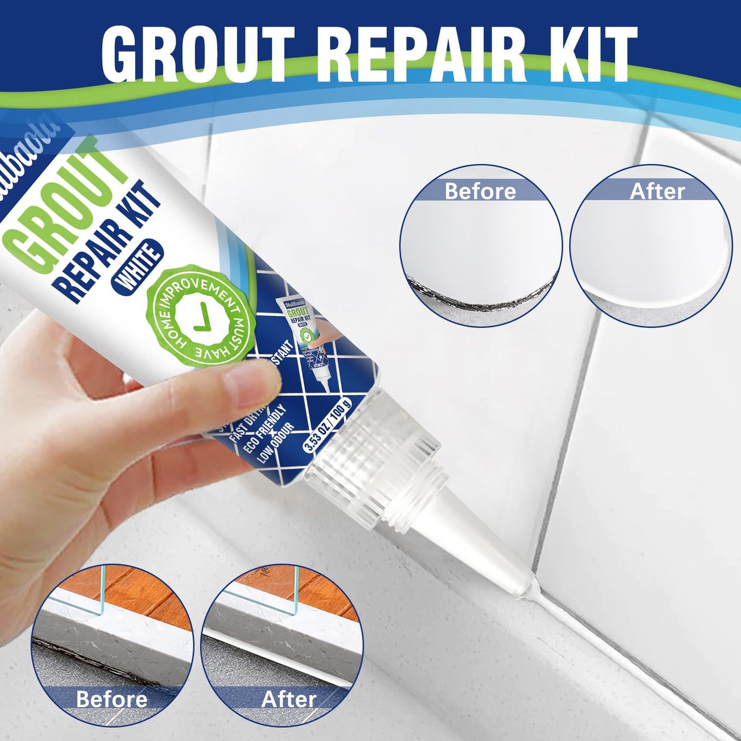 Tile Grout Repair Kit, 2 Pack Grout Filler, Grout Sealer Bathroom Shower Kitchen Floor Tile, Fast Drying Tile Grout Paint, Restore and Renew Tile Joints Line, Gaps, Replace Grout Pen(White)